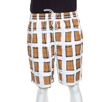 Pre Owned Burberry Brown Novacheck Printed Cotton Drawstring Detail Shorts XL