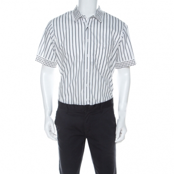 Pre Owned Burberry Black & White Striped Cotton Polka Dot Collar Detail Short Sleeve Shirt XL