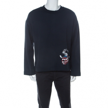 Pre Owned Burberry Navy Blue Cotton Knit Embroidered Detail Crew Neck Sweatshirt XL 