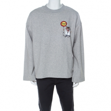 Pre Owned Burberry Grey Knit Embroidered Detail Crew Neck Sweatshirt XL