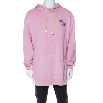 مملوكة مسبقًا Burberry Light Pink Cotton Equestrian Logo Neon Drawstring Detail Hoodie XL