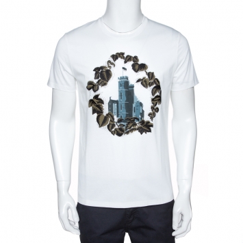 Pre Owned Burberry White Castle Printed & Embroidered Cotton T-Shirt M