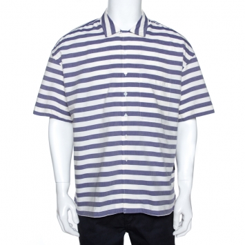 مملوكة مسبقًا Burberry Blue & White Striped Cotton Harley Short Sleeve Shirt XXL