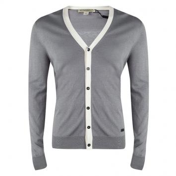 Pre Owned Burberry Grey Melange Knit Contrast Trim Button Front Cardigan L