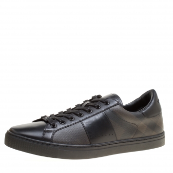 Pre Owned Burberry Black Leather and London Check Canvas Ritson Low Top Sneakers Size 45
