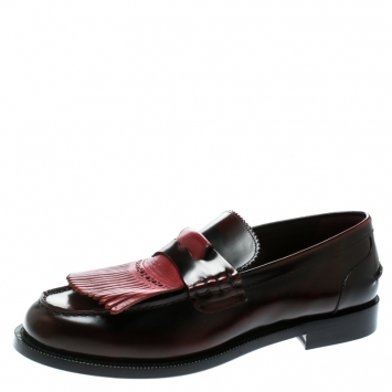 Pre Owned Burberry Burgundy Leather Bedmoore Fringe Detail Penny Loafers Size 44