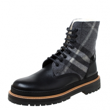 Pre Owned Burberry Black Leather And Wool Blend William Check Fur Lined Ankle Boots Size 41
