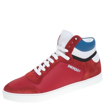 Pre Owned Burberry Red Leather/Suede Reeth High Top Sneakers Size 44