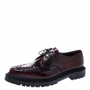 Pre Owned Burberry Black/Red Woven Detail Leather Lace Up Oxfords Size 45
