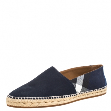 Pre Owned Burberry Blue Overdyed House Check Canvas Flat Espadrille Size 42