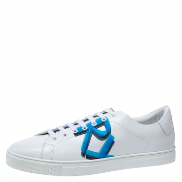 Pre Owned Burberry White/Blue Graffiti Print Leather Low Top Sneakers Size 45