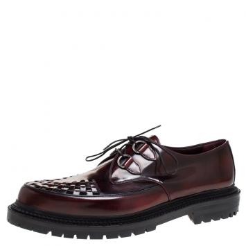 Pre Owned Burberry Burgundy Leather Woven Toe Detail Lace Up Platform Creepers Size 45
