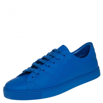 Pre Owned Burberry Blue Perforated Check Leather Westford Low Top Sneakers Size 46