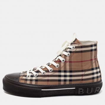 Pre Owned Burberry Brown/Beige Canvas Check Fabric High Top Sneakers Size 44