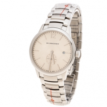 Pre Owned Burberry Silver Beige Stainless Steel Classic BU10004 Men's Wristwatch 40 mm