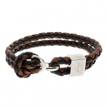 Pre Owned Burberry Two Tone Braided Leather Silver Tone Bracelet