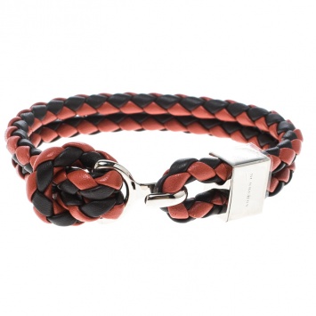 Pre Owned Burberry Two Tone Braided Leather Silver Tone Bracelet