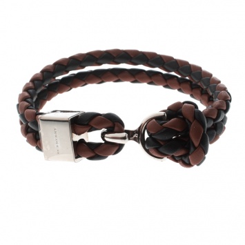 Pre Owned Burberry Brown & Black Braided Leather Silver Tone Bracelet 18cm