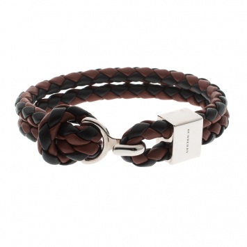 Pre Owned Burberry Brown & Black Braided Leather Silver Tone Bracelet 18cm