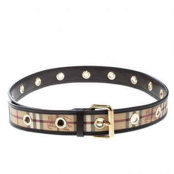 Pre Owned Burberry Dark Brown/Beige Haymarket Coated Canvas and Leather Eyelet Belt 110cm