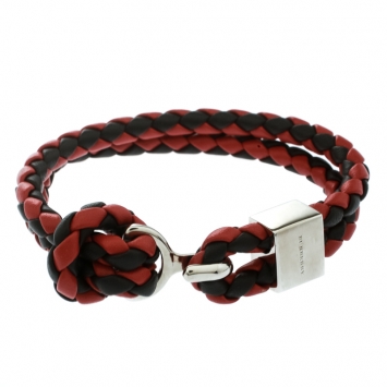 Pre Owned Burberry Two Tone Braided Leather Silver Tone Bracelet