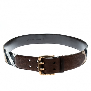Pre Owned Burberry Beige/Brown Nova Check Fabric and Leather Double Prong Belt Size 90 CM