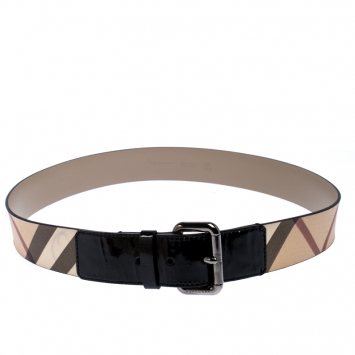 Pre Owned Burberry Black/Beige House Check Leather Buckle Belt 100CM