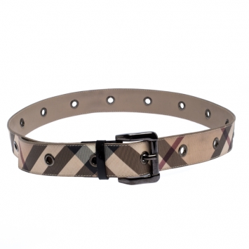 Pre Owned Burberry Beige/Black Nova Check Coated Canvas and Patent Leather Buckle Belt 105CM