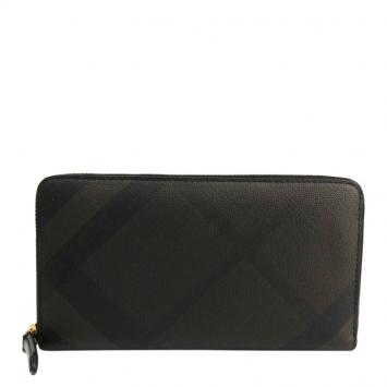 Pre Owned Burberry Chocolate/Black London Check Canvas Zip Around Wallet