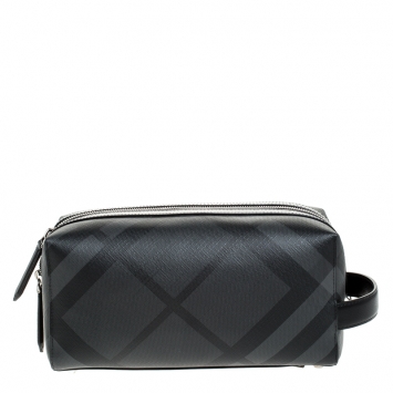 Pre Owned Burberry Charcoal Black London Check Coated Canvas Toiletry Pouch
