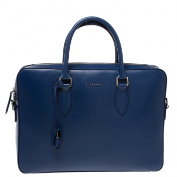 Pre Owned Burberry Deep Blue Leather Hambleton Briefcase