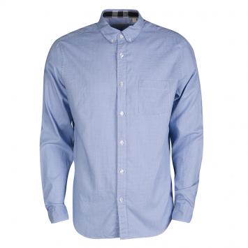 Pre Owned Burberry Brit Blue and White Houndstooth Pattern Long Sleeve Button Down Shirt L