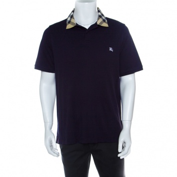 Pre Owned Burberry London Navy Blue Cotton Novacheck Collar Detail  Polo T-Shirt XL