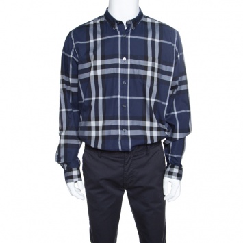 Pre Owned Burberry Brit Blue Checked Cotton Long Sleeve Button Down Shirt XXL