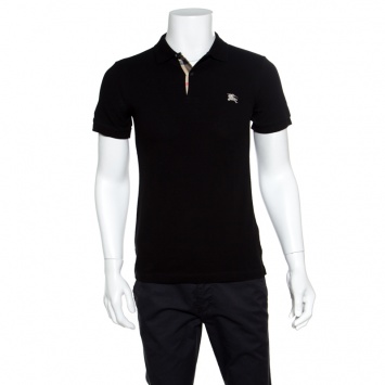 Pre Owned Burberry Brit Black Logo Embroidered Nova Check Trim Detail Polo T-Shirt XS