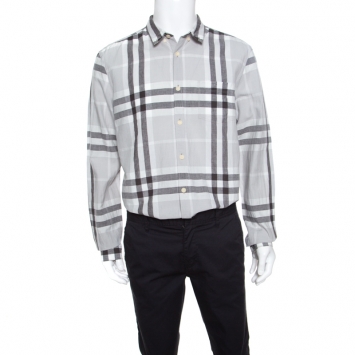 Pre Owned Burberry Brit Grey Linen Plaid Long Sleeve Button Down Shirt XXL