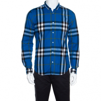 Pre Owned Burberry Brit Blue Checked Cotton Long Sleeve Button Down Shirt M