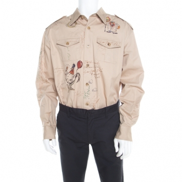 Pre Owned Burberry Sand Brown Sketch Printed Cotton Batson Army Shirt XXL