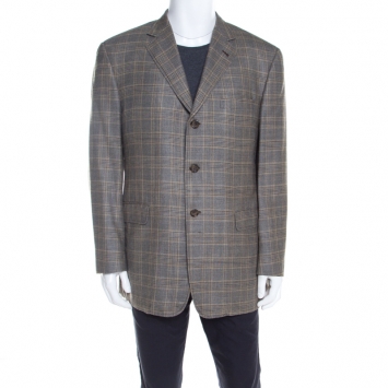 Pre Owned Burberry Grey Houndstooth Patterned Silk and Wool Regular Fit Blazer XL