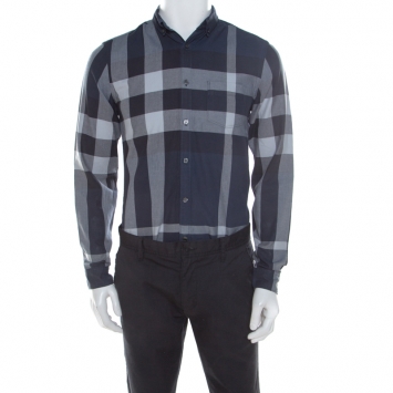 Pre Owned Burberry Brit Navy Blue Checked Cotton Long Sleeve Button Down Shirt S