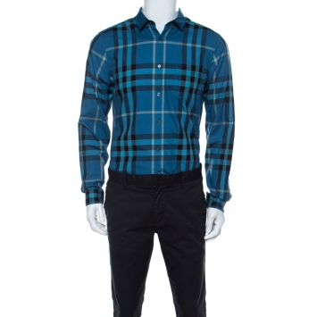 Pre Owned Burberry Brit Blue Checked Cotton Full Sleeve Button Down Shirt M