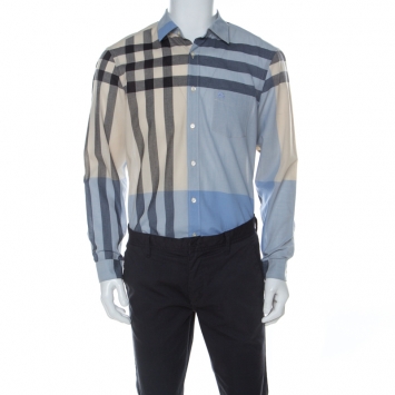 Pre Owned Burberry Light Blue & Beige Nova Check Linen Blend Shirt L