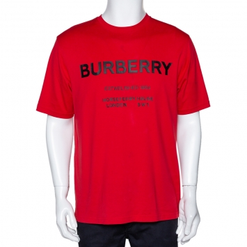 Pre Owned Burberry Red Cotton Horseferry Print Crew Neck T Shirt M