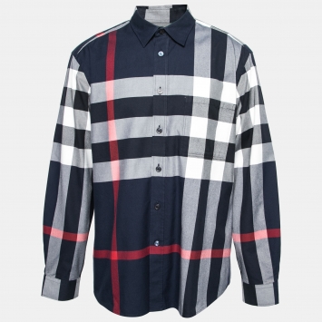 Pre Owned Burberry Navy Blue Checked Cotton Button Front Shirt XXXL