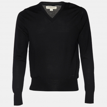Pre Owned Burberry Black Wool V-Neck Sweater M