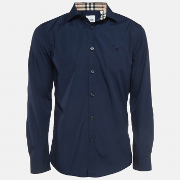 مملوكة مسبقًا Burberry Navy Blue Poplin Button Front Shirt M