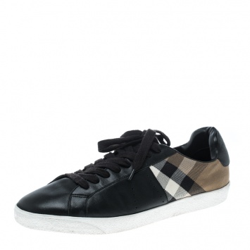Pre Owned Burberry Black/Beige Leather and House Check Fabric Sneakers Size 45