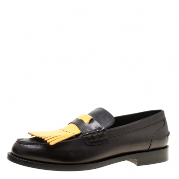Pre Owned Burberry Black/Yellow Leather Bedmoore Fringe Detail Penny Loafers Size 45