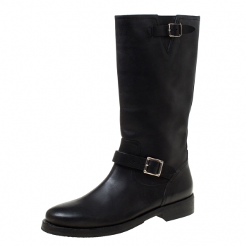 Pre Owned Burberry Black Leather Buckle Knee High Boots Size 41