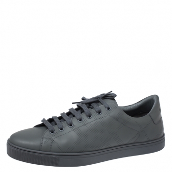 Pre Owned Burberry Dark Grey Perforated Leather Check Albert Sneakers Size 46